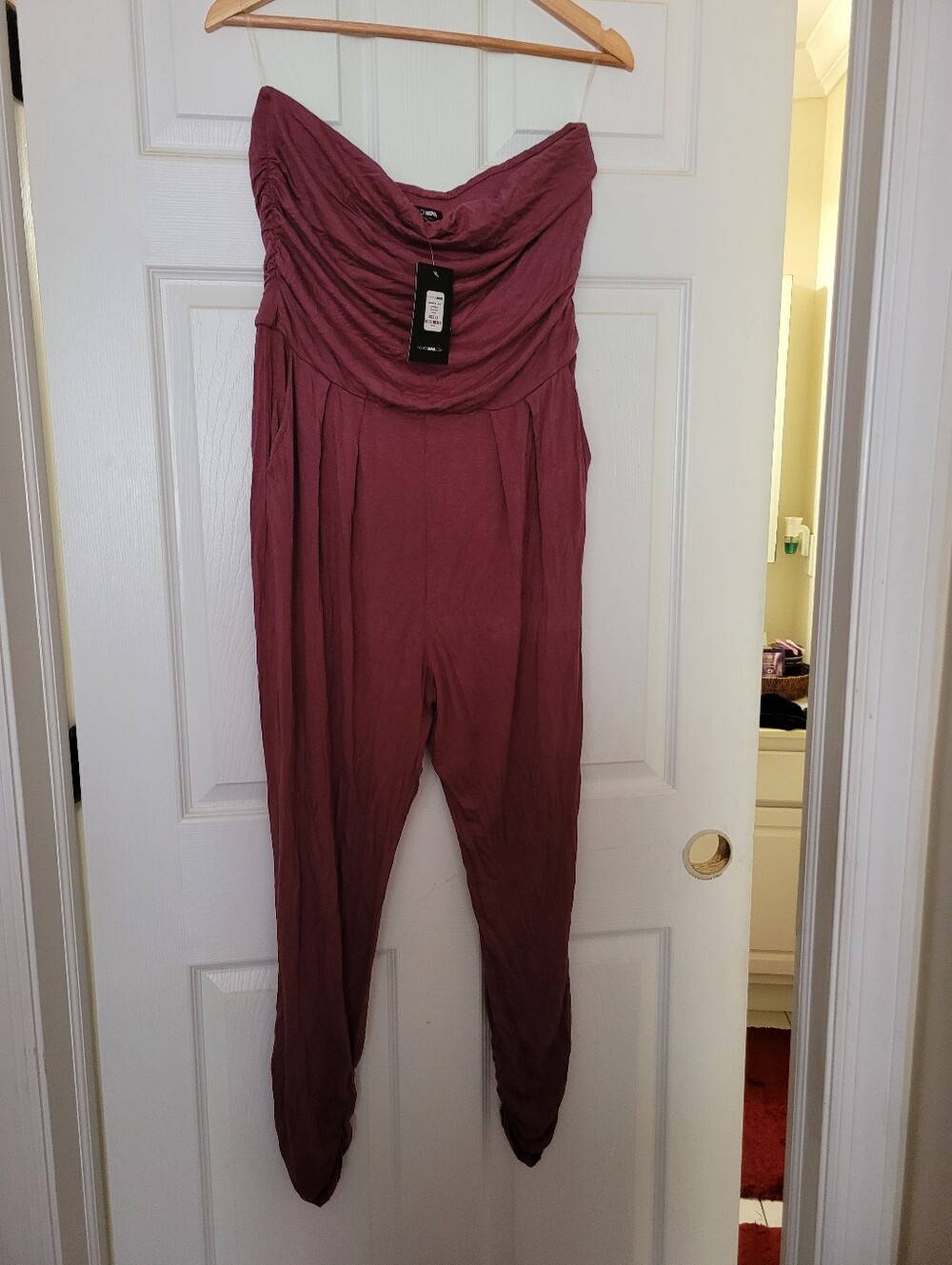 Fashion Nova Strapless Ruched Jumpsuit in Mauve